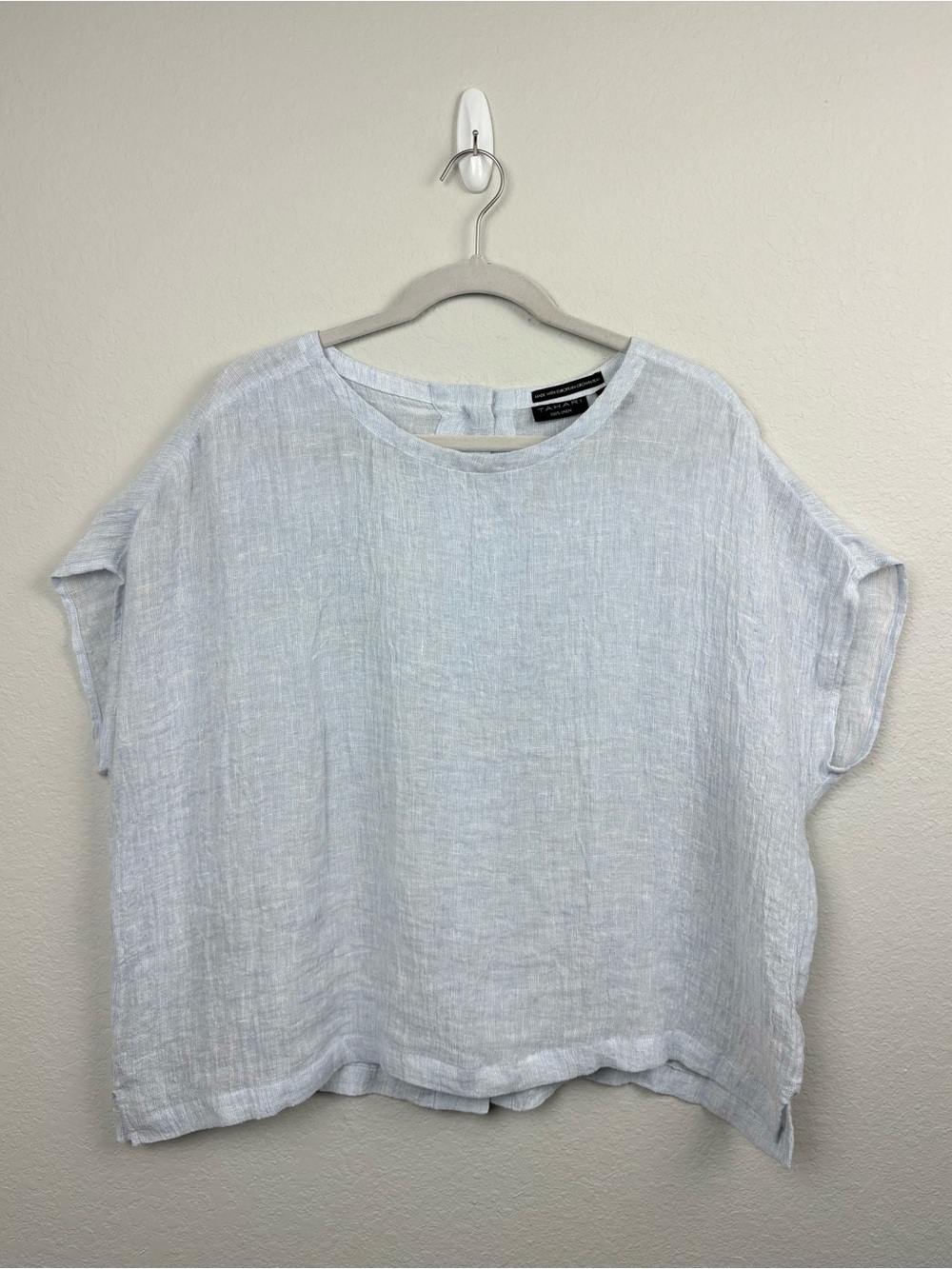 Tahari 100% Linen Light Blue Button Back Boxy Top Women’s XL Coastal Resort